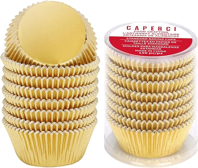 Caperci Standard Cupcake Liners Gold Foil Muffin Baking Cups 150-Pack - Premium Greaseproof & Sturdy Cupcake Papers