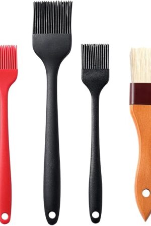 4 Pack Silicone Basting Pastry Brushes with 2 Wood Handle Culinary Oil Brushes, Heat Resistant Brush Set, Perfect for BBQ Sauce Barbecue Butter Grill Baking Kitchen Cooking, BPA Free & Dishwasher Safe