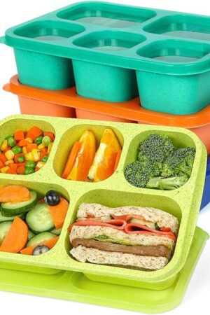 Caperci 4 Pack Bento Snack Box Containers for Adults & Kids - Reusable Adult Lunchable Containers with 5 Compartments for School, Work, and Travel, Wheat Straw, BPA-Free (Jewel Brights)