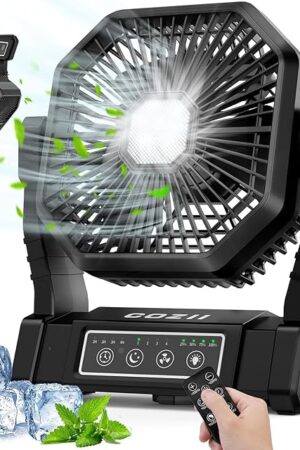 Battery Operated Fan, 20000mAh Rechargeable Camping Fan for Tent with LED Lantern - 3 Colors, 4 Speeds, 4 Timing, Adjustable Head with Hook, Portable Camping Gear for Table, BBQ, Beach, Hiking,Travel
