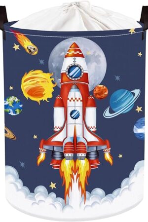 Clastyle 45L Space Rocket Launch Boy Toy Storage Basket Blue Planets Clothes Laundry Hamper for Baby Nursery Room