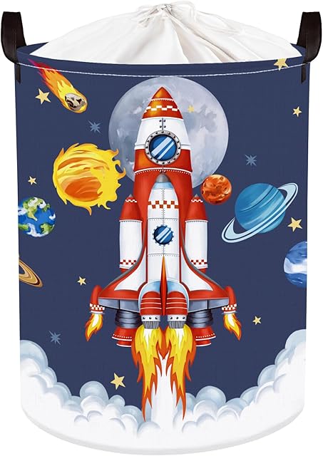 Clastyle 45L Space Rocket Launch Boy Toy Storage Basket Blue Planets Clothes Laundry Hamper for Baby Nursery Room