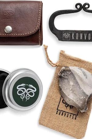 Carbon Steel Fire Striker, English Flint Stone & Char Cloth Traditional Hand Forged Fire Starter, Leather Gift Kit with Emergency Tinder Jute Bag
