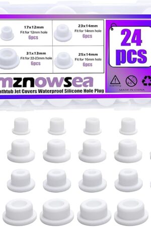 24 PCS Bathtub Jet Covers 4 Sizes Silicone Hole Plug Fit 12mm 14mm 16mm 22-23mm Bathtub Hole, Round Waterproof Bathtub Plug White Tube Plugs Soft Flexible Reusable End Covers