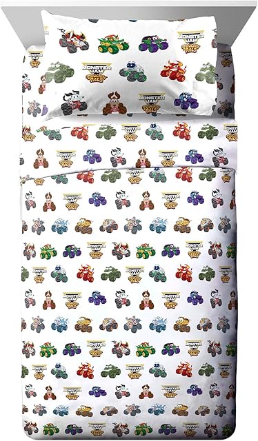 Jay Franco Kids Sheet Set with Fitted, Flat Sheets & Pillow Cover - Ultra-Soft Bedding with Pillowcase for Room Decor, White - Monster Jam, 3 Piece Twin