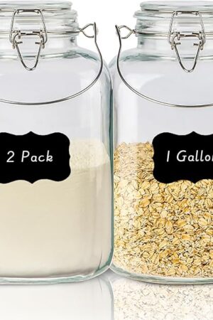 1 Gallon Airtight Glass Food Storage Jars Set of 2 with Lids, Extra Large Glass Storage Containers with Handle for Flour, Cereal, Coffee and Canning, Square Mason Jars with 8 Chalkboard Labels