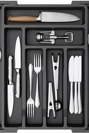 AMADA HOMEFURNISHING Expandable Silverware Drawer Organizer, Adjustable Utensil Tray For Kitchen Storage, BPA-Free Cutlery Holder for Spoons, Forks and Knives, Easy to Clean and Wash