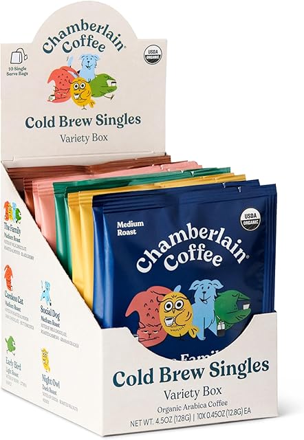 Chamberlain Coffee Variety Box Single Serve Bags - Includes 5 Blends, Original Family, Early Bird, Night Owl, Careless Cat and Social Dog Blends - 10 Single Serve Cold Brew Sachets