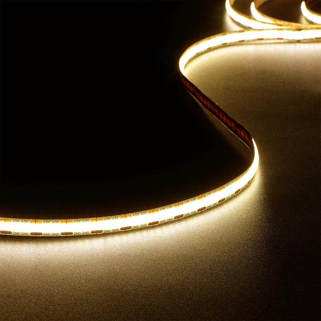 dephen 5V USB LED Light Strip 4.9ft, 480LEDs Warm White Dotless COB String, Flexible and Cuttable Rope Lighting, CRI 90, Self Adhesive Tape for TV Backlight, Cabinet, Bedroom, Mirror, DIY