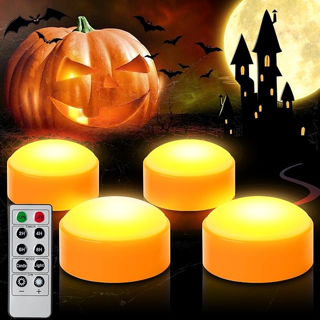 CANDLE IDEA 4 PCS Halloween Pumpkin LED Lights with Remote Timer Bright Flickering Battery Operated Jack-O-Lantern Electric Flameless Candles for Halloween Decorations Gift Supplies Orange Color