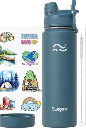 [2-IN-1 LID] Insulated Water Bottle with Silicone Boot (36hrs Cold/18hrs Hot) - DIY Stickers, Leakproof, BPA Free, 24 oz
