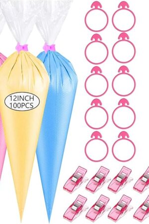 122PCS Tipless Piping Bags Disposable Pastry Bag 12 Inch 100PCS Icing Bags, 10 PCS Frosting Bag Clips, 2 Scriber Needle and 10 PCS Pastry Bag Ties for Cookies Cake Decorating