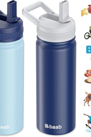 baab 18oz kids Water Bottle, Insulated Water Bottle with Straw & Stickers, 18/8 Stainless Steel Vacuum Leakproof kids Water Straw Cup for School, Gift for Boy Girl (Deep Blue+Light Blue, 2 Pack)