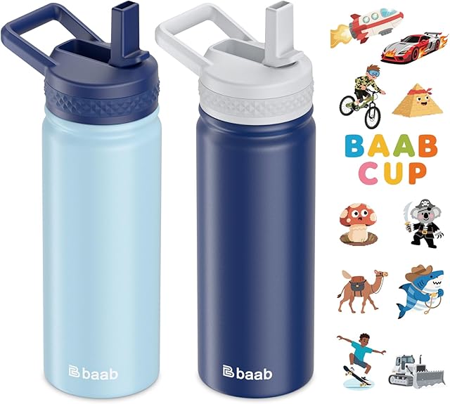 baab 18oz kids Water Bottle, Insulated Water Bottle with Straw & Stickers, 18/8 Stainless Steel Vacuum Leakproof kids Water Straw Cup for School, Gift for Boy Girl (Deep Blue+Light Blue, 2 Pack)