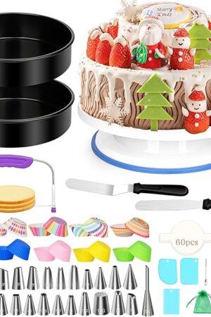 Cake Decorating Kit, Baking Supplies Set for Adults, 8 Inch Cake Pans, Cake Leveler, Cake Turntable, Numbered Piping Tips, Spatulas, Parchment Paper and More for Beginners (241 Pcs)
