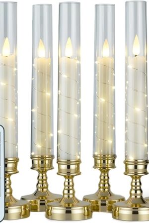 6 PCS Flameless Candles with Remote and Timer, Flickering LED Romantic Candles with Embedded Star String, Gold Battery Perated Candles Home Decor for Wedding Home Table Window Bedroom Indoor
