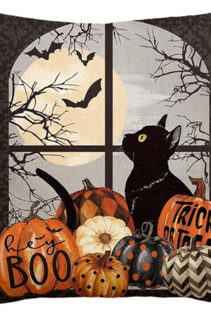 AVOIN colorlife Trick or Treat Halloween Pumpkin Cat Boo Throw Pillow Cover, 18 x 18 Inch Holiday Farmhouse Cushion Case Decoration for Sofa Couch