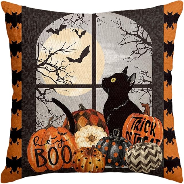 AVOIN colorlife Trick or Treat Halloween Pumpkin Cat Boo Throw Pillow Cover, 18 x 18 Inch Holiday Farmhouse Cushion Case Decoration for Sofa Couch
