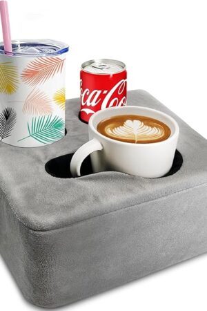 Couch Cup Holder Pillow Tray & Caddy - for Sofa, Bed, Car, Man Cave | Keep Drinks at Hand & Spill-Proof Accessories for New Parents, Camping, Park, Boat, Beach - Gray