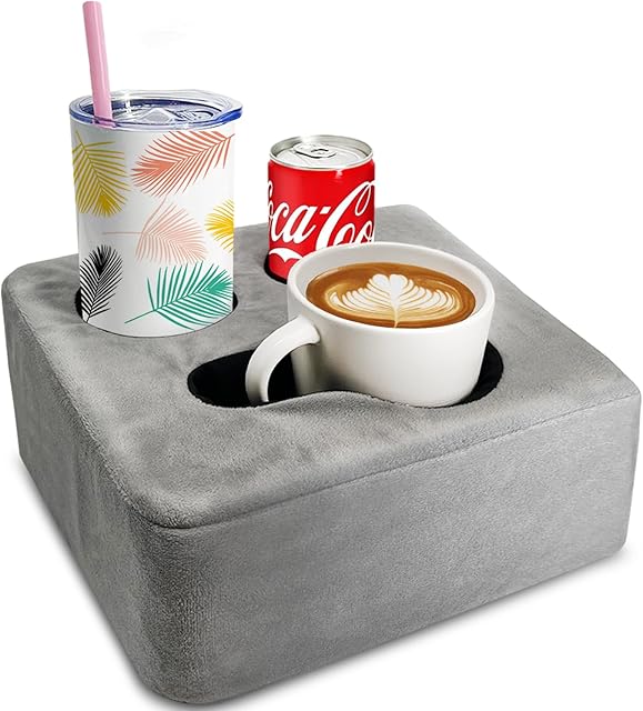 Couch Cup Holder Pillow Tray & Caddy - for Sofa, Bed, Car, Man Cave | Keep Drinks at Hand & Spill-Proof Accessories for New Parents, Camping, Park, Boat, Beach - Gray