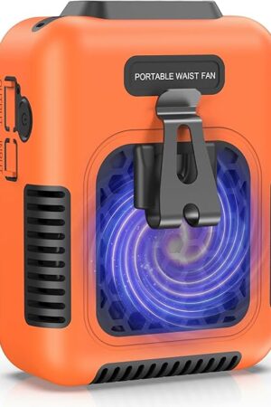 Cooling Waist Fan w/Steel Clip and Silicone Sleeve, Under Shirt Fan Clip On with Lanyard, 24H Personal Fan, 3 Speeds Cooling Belt Fan, 6000mah Rechargeable Body Fan for Outdoor, Travel