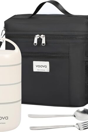 Voova Stackable Stainless Steel Thermal Lunch Box with Lunch Bag and Cultery Set for Adult Women Men, 3 Tier Leakproof & Microwave Safe Insulated Bento Boxes Food Container for Work, Black