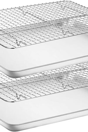 Baking Sheet with Rack Set [2 Pans + 2 Racks], Wildone Stainless Steel Cookie Sheet Baking Pan Tray with Cooling Rack, Size 18 x 13 x 1 Inch, Non Toxic & Heavy Duty & Easy Clean
