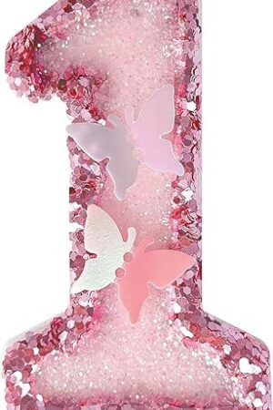 1th Birthday Candles，Glitter Butterfly Cake Toppers Pink Sequins Wedding Numeral Cupcake Decorations，Suitable for Girl and boy Wedding Cakes, Party Celebrations, Birthday Decorations