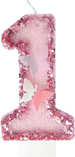 1th Birthday Candles,Glitter Butterfly Cake Toppers Pink Sequins Wedding Numeral Cupcake Decorations,Suitable for Girl and boy Wedding Cakes, Party Celebrations, Birthday Decorations