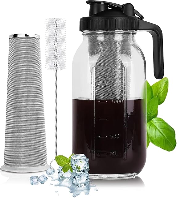 Cold Brew Coffee Maker with Stainless Steel Filter, Leak-Proof Lid, Ergonomic Handle and Precision Pour Spout