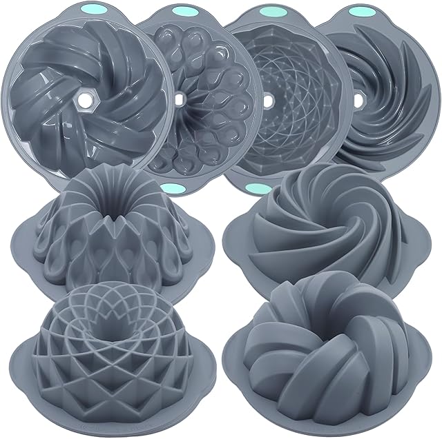 Tongjude 4 Pieces Silicone Fluted Cake Pans, 10/12 Cups Tube Baking Pan, Silicone Molds for Homemade Cake, Bread and Jello, Non-Stick, Grey