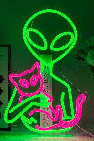 Alien Neon Sign for Wall Decor Dimmable Aliens Cat Led Lights Signs for Bedroom Green Neon Light for Game Room Man Cave Bedroom Party Decoration Gift for Kids Boys