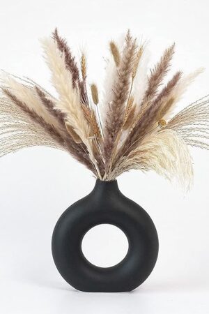 CEMABT Black Donut Vase Hollow Ceramic Vase for Flowers Handmade Minimalist Boho ins Style Modern Home Decor for Wedding Dinner Table Party Living Room Office Bedroom（M