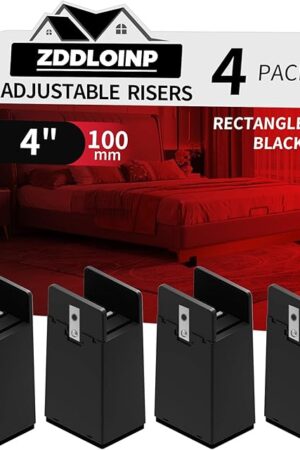 Bed Risers with Adjustable Screw Clamp, Fits Thickness of Furniture Frame from 0 to 1.5 Inch, Furniture Risers 4 Inch Heavy Duty Risers for Table Cabinet Support up to 5000lbs (4Pack, Black)