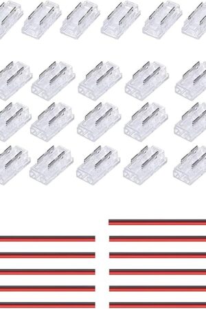 2 Pin 5mm COB LED Strip Connectors Transparent Solderless, 8 Pcs Strip to Strip, 22 Pcs Strip to Wire, 11 Pcs 22AWG 15cm/5.9in Long Extension Wires for 5mm COB LED Strip Lights