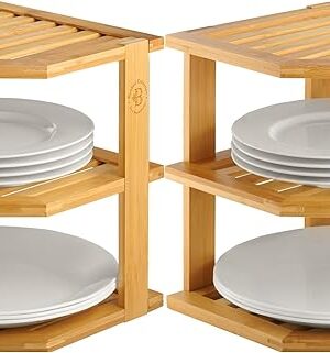 2-Pack Plate Organizer for Cabinet - Bamboo Corner Shelf for Kitchen or Bathroom Storage, Space-Saving Rack for Dishes, Countertop, Cabinet, Pantry - Organization & Housewarming Gift