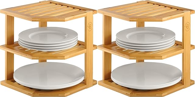 2-Pack Plate Organizer for Cabinet - Bamboo Corner Shelf for Kitchen or Bathroom Storage, Space-Saving Rack for Dishes, Countertop, Cabinet, Pantry - Organization & Housewarming Gift