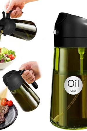 YARRAMATE 16oz/470ml Light-Blocking Dark Oil Sprayer for Cooking, 2 in 1 Olive Oil Dispenser Bottle for Kitchen, Premium Dark Green Glass Oil Bottle, Food-Grade Oil Mister for Air Fryer, BBQ (Black)