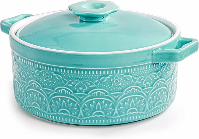 Elsjoy 2 Quart Ceramic Casserole Dish with Lid, 7.5 Inch Round Covered Casserole Pot Oven Safe Glazed Ceramic Baking Dish, Lace Emboss Bakeware Stew Pot for Soup, Dinner, Non-Stick