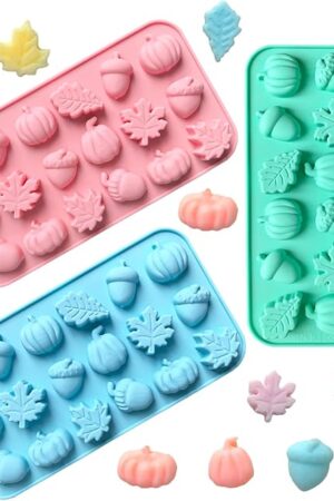3Pcs 18-Cavity Autumn Harvest Themed Silicone Mold 3D Pumpkin Maple Leaf Chestnut Shaped Chocolate Biscuit Candy Mold, Thanksgiving Silicone Molds for Cake Decoration