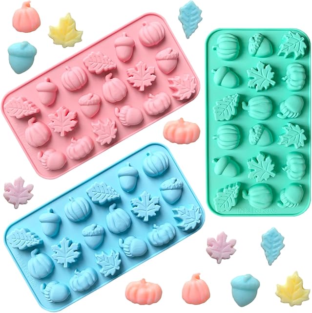 3Pcs 18-Cavity Autumn Harvest Themed Silicone Mold 3D Pumpkin Maple Leaf Chestnut Shaped Chocolate Biscuit Candy Mold, Thanksgiving Silicone Molds for Cake Decoration