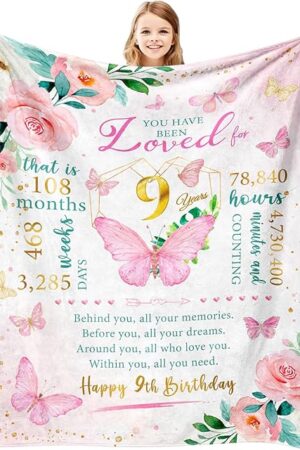 9 Year Old Girls Birthday Gifts Blanket 50"X40", Birthday Gifts for 9 Year Old Girls, Best Presents for 9 Yr Girl, 9th Bday Gift, 9th Bday Decorations for Girl