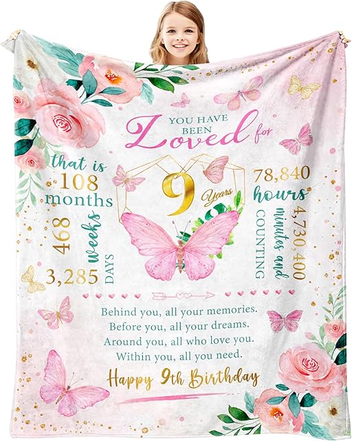 9 Year Old Girls Birthday Gifts Blanket 50"X40", Birthday Gifts for 9 Year Old Girls, Best Presents for 9 Yr Girl, 9th Bday Gift, 9th Bday Decorations for Girl
