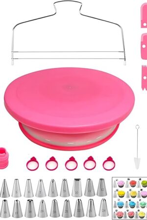 90 Pcs Cake Decorating Kit with Cake Turntable,Cake Leveler,24 Numbered Icing Piping Tips,2 Spatulas,3 Comb Scrapers,2 Couplers,5 Bag Ties and 50 Disposable Pastry Bags