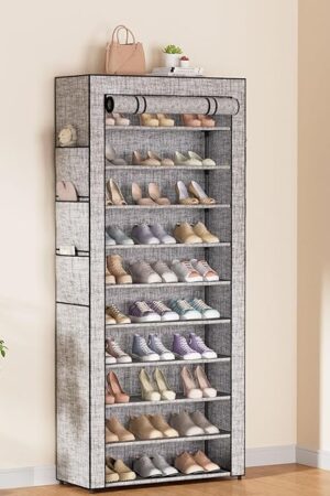 Covered Shoe Rack Tall Metal Shoes Rack Organizer for Entryway Garage Closet Tall Shoe Shelf Shoe Storage Cabinet Free Standing Large Garage Shoes Racks Organizer (23.6 L x 11.8W)