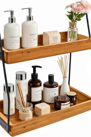 Acacia Bathroom Organizer Countertop 13.6 x 14 x 6.7 inches, 2-Tier Wood Counter Standing Rack, Countertop Storage Shelf for Organizing Bathroom Kitchen Office Desk Vanity Cosmetic Balcony