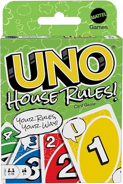 The Mattel Games UNO House Rules Card Game for Kids, Adults, Families, Game Night & Parties, Players Can Make Up Rules