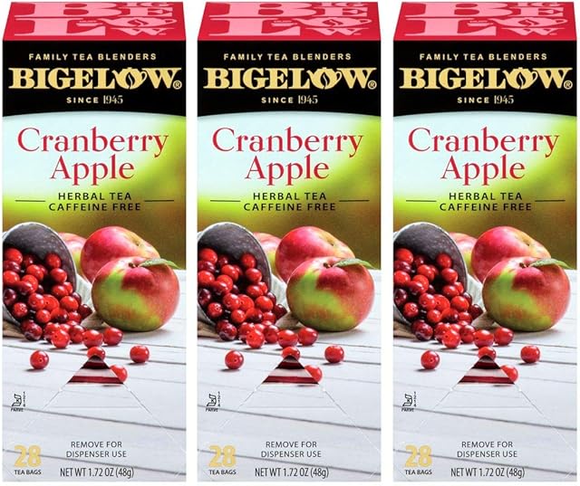 Bigelow Cranberry Apple Herbal Tea Bags 28-Count Box (Pack of 3) Cranberry Apple Hibiscus Flavored Herbal Tea Bags All Natural Non-GMO