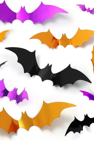 96 Pcs Bats Halloween Decoration Stickers, 3D Bat Wall Decor 5 Size Realistic PVC Black Orange Purple Bats DIY Home Decor Wall Decal Bathroom Indoor Outdoor Window Décor Halloween Party Supplies