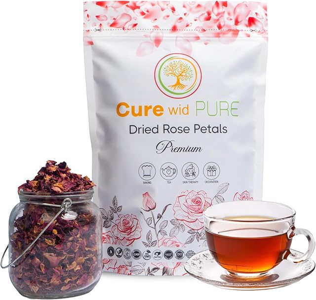 Cure Wid Pure Certified Organic Dried Rose Petals 4oz Food-Grade Edible Rose Petals for Tea,Cocktails,Baking,Skincare & - DIY Sun-Dried,Non-GMO,Gluten & Chemical-Free Edible Flowers in Resealable Bag